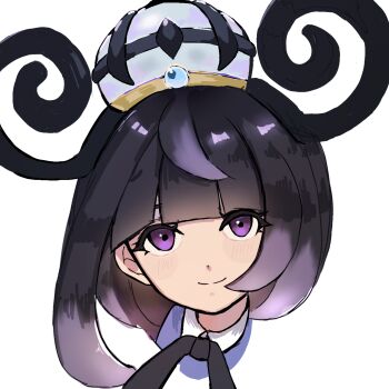 1girl black_hair blush bob_cut closed_mouth eyelashes gradient_hair gwynn_(pokemon) hat highres kakifurainokiki looking_at_viewer multicolored_hair nintendo pokemon pokemon_legends:_z-a purple_eyes purple_hair short_hair smile solo upper_body white_background