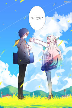 1boy 1girl black_hairband black_jacket black_pants blue_skirt blue_sky caelus_(honkai:_star_rail) cloud commentary electronduck english_commentary firefly_(honkai:_star_rail) firefly_(spring_missive)_(honkai:_star_rail) from_side grey_hair hair_ribbon hairband highres honkai:_star_rail honkai_(series) hood hood_down hooded_jacket jacket korean_text long_hair long_sleeves looking_at_another on_grass open_clothes open_jacket pants plaid_clothes plaid_skirt pleated_skirt ribbon shirt short_hair skirt sky standing thighhighs trailblazer_(honkai:_star_rail) translation_request twitter_username white_shirt white_thighhighs