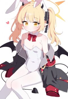 1girl alternate_costume animal_ears auto_ins bare_shoulders black_coat black_horns black_jacket black_ribbon black_tail black_wings blonde_hair blue_archive blush bow bowtie breasts closed_mouth coat collar commentary_request covered_navel demon_horns demon_tail demon_wings detached_collar feet_out_of_frame hair_ribbon halo heart highleg highleg_leotard highres horns ibuki_(blue_archive) jacket leotard loli long_hair long_sleeves looking_at_viewer low_wings open_clothes open_coat oversized_breast_cup pantyhose playboy_bunny pointy_ears rabbit_ears red_bow red_bowtie red_ribbon ribbon simple_background sitting sleeves_past_fingers sleeves_past_wrists small_breasts smile solo strapless strapless_leotard tail twintails white_background white_collar white_leotard white_pantyhose wings yellow_eyes yellow_halo