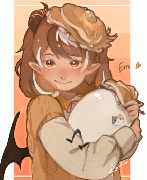 1girl animification anmitsu_(anmitsu40919780) bat_wings blush brown_hair character_name child commentary creature creature_and_personification dual_persona egg empanada_(quackity_smp) food freckles heart holding holding_creature long_hair long_sleeves looking_at_viewer minecraft_youtube orange_eyes orange_sweater pancake personification pointy_ears quackity_smp smile solo_focus sweater upper_body wings