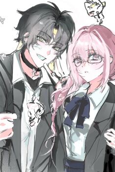 1boy 1girl alternate_costume antenna_hair asaba_harumasa bag black_choker black_hair black_jacket choker collarbone commentary glasses grin hair_between_eyes hair_intakes half-closed_eyes headband highres jacket jiuxi030 long_hair looking_at_viewer open_clothes open_mouth parted_bangs parted_lips pink_eyes pink_hair shirt shirt_tucked_in short_hair shoulder_bag simple_background smile sparkle symbol-only_commentary tsukishiro_yanagi upper_body v white_background white_shirt yellow_eyes yellow_headband zenless_zone_zero