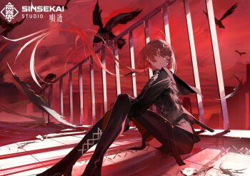 1girl animal asu_(sinsekai) bird brown_hair crow feathers green_eyes kamitsubaki_studio kuronoiparoma long_hair red_thighhighs shinsekai_keikaku_sinsekai_city_project sinsekai_record sitting solo thighhighs
