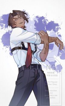 Rule 34 | 1boy, art ice, belt, black belt, black pants, brown hair, chest harness, commentary request, cross-body stretch, dark-skinned male, dark skin, feet out of frame, harness, heathcliff (project moon), highres, korean commentary, limbus company, looking at viewer, male focus, multiple scars, open mouth, pants, parted hair, project moon, purple eyes, scar, scar on arm, shirt, shirt tucked in, sleeve cuffs, sleeves rolled up, smile, solo, standing, stretching, teeth, upper teeth only, watermark, white shirt