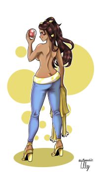 1girl artist_name ass belt black_hair blue_hair blush breasts butt_crack circle_print dahlia_(pokemon) dark-skinned_female dark_skin denim frilled_shirt frilled_sleeves frills from_behind hair_ornament high_heels highres jeans long_hair looking_back nintendo pants poke_ball poke_ball_(basic) pokemon pokemon_dppt ribbed_shirt seductive_smile shirt sideboob smile topless_female tullymonst3r two-tone_background unworn_shirt white_background yellow_background