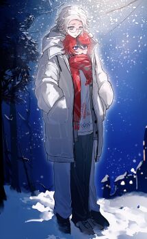 2boys absurdres alternate_costume aotsuki_eito black_hair black_pants black_shoes blue_eyes buttons cardigan chinese_commentary coat commentary_request full_body glasses grey_cardigan grey_shoes hair_between_eyes hands_in_pockets height_difference highres hood hood_down hooded_coat i-hhdheheda long_sleeves male_focus multicolored_hair multiple_boys night open_cardigan open_clothes open_coat open_mouth outdoors pants plaid_clothes plaid_scarf red_hair red_scarf scarf shared_clothes shared_coat shoes short_hair snow snowing streaked_hair sumino_takumi sweater teeth the_hundred_line_-last_defense_academy- tree two-tone_hair upper_teeth_only variant_set white_coat white_hair white_pants white_sweater winter winter_clothes