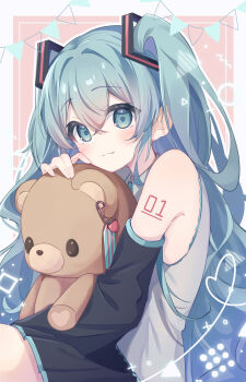 1girl absurdres aqua_eyes aqua_hair aqua_trim arm_tattoo black_skirt collared_shirt detached_sleeves grey_shirt hair_between_eyes hair_ornament hatsune_miku highres holding holding_stuffed_toy hugging_object long_hair long_sleeves looking_at_viewer miku_day miniskirt number_tattoo pleated_skirt shirt skirt sleeveless sleeveless_shirt solo stuffed_animal stuffed_toy tattoo teddy_bear twintails very_long_hair vocaloid yanagi_uraba