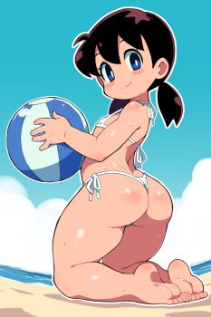 1girl absurdres ass ball beach beachball bikini blue_eyes blue_sky blush_stickers brown_hair cloud day doraemon female_focus flat_chest from_behind full_body highres holding holding_ball holding_beachball kneeling loli looking_at_viewer looking_back micro_bikini minamoto_shizuka ocean outdoors sand short_twintails side-tie_bikini_bottom sky smile solo sweat swimsuit twintails white_bikini zankuro