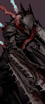 blood bloody_weapon chainsaw chainsaw_devil chainsaw_man extra_arms facing_to_the_side grey_background highres horns nakano_(2_mannaka) no_eyes scarf sharp_teeth simple_background solo teeth weapon