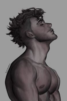 1boy artist_name asymmetrical_hair bara call_of_duty call_of_duty:_modern_warfare_2 closed_eyes closed_mouth eyebrow_cut facial_hair highres large_pectorals male_focus muscular muscular_male nipples pectorals short_hair sidecut simple_background soap_(modern_warfare_2) solo sulanoarts undercut upper_body