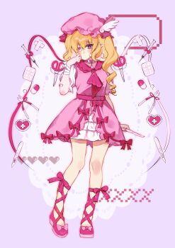 1girl absurdres alternate_costume alternate_headwear ascot bandaged_arm bandages blister_pack blonde_hair bow choker commentary_request dress dress_bow eyepatch flandre_scarlet footwear_bow full_body hat heart highres holding holding_scalpel iwakoo leg_ribbon looking_at_viewer medicine mob_cap one_side_up pill pink_ascot pink_bow pink_choker pink_dress pink_eyes pink_hat pink_ribbon pink_shoes pliers pointy_ears ribbon scalpel scissors shoes solo syringe touhou wings