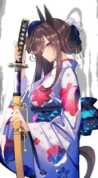 Rule 34 | 1girl, absurdres, animal ears, bow, brown hair, hair ornament, hair over one eye, hashtag-only commentary, hat, highres, holding, holding sword, holding weapon, horse ears, horse girl, horse tail, japanese clothes, katana, kimono, long hair, long sleeves, pink eyes, print kimono, purple eyes, rice shower (umamusume), sheath, sheathed, smile, solo, sword, tail, tilted headwear, umamusume, unsheathing, weapon, wide sleeves, yomean!