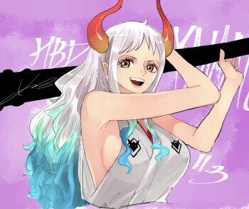 1girl aqua_hair breasts character_name club club_(weapon) eyelashes happy_birthday hashtag-only_commentary highres holding holding_weapon horns japanese_clothes kamat_73 kanabou kimono long_hair one_piece open_mouth orange_eyes purple_background sideboob sidelocks signature sleeveless sleeveless_kimono solo weapon white_hair white_kimono yamato_(one_piece)