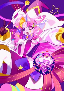 +_+ 1girl :d absurdres black_gloves bow bowtie breasts bright_pupils colored_skin cookie_run cookie_run:_witch&#039;s_castle curtained_hair dress dress_bow drill_hair fang feet_out_of_frame first_sprinkle_cookie forehead_jewel gloves hair_ornament hat heart heterochromia highres holding humanization index_finger_raised knee_up long_hair long_sleeves looking_at_viewer medium_dress open_mouth outstretched_arm pantyhose pink_hair pink_hat pink_skin pom_pom_(clothes) puffy_long_sleeves puffy_sleeves purple_background purple_bow purple_bowtie purple_dress shime52631 sidelocks sideways_glance simple_background small_breasts smile solo sparkle star_(symbol) striped_clothes striped_dress teardrop_facial_mark tongue traditional_bowtie twin_drills two-tone_dress vertical-striped_clothes vertical-striped_dress very_long_hair white_dress white_pantyhose white_pupils wizard_hat x_hair_ornament