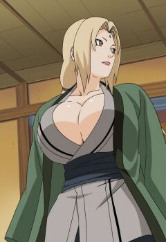 1girl blonde_hair breasts brown_eyes facial_mark female_focus huge_breasts lipstick long_hair looking_at_viewer makeup naruto_(classic) naruto_(series) naruto_shippuuden solo solo_focus tsunade_(naruto)