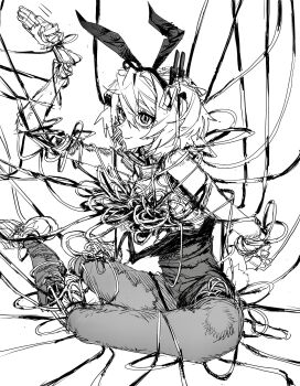 1girl a.i._voice aa_(happy2525_aao) adachi_rei alternate_costume android animal_ears arm_behind_back arm_up cable closed_mouth commentary_request entangled fake_animal_ears from_side full_body greyscale hair_ribbon hand_up highres looking_at_viewer looking_to_the_side monochrome one_side_up pantyhose playboy_bunny rabbit_ears rabbit_tail radio_antenna ribbon salute severed_arm severed_leg severed_limb shoes simple_background sitting sneakers solo tail tangled_cord utau