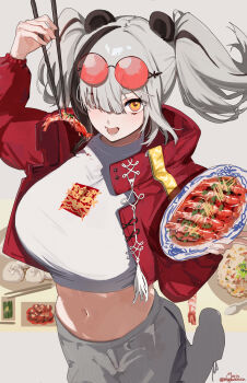 Rule 34 | 1girl, :d, absurdres, animal ears, arknights, arm up, chopsticks, commentary, crop top, cropped jacket, cropped shirt, eyewear on head, feater (arknights), feater (gourmet) (arknights), food, grey hair, hair over one eye, highres, holding, holding chopsticks, holding plate, jacket, long sleeves, looking at viewer, lower teeth only, maria (syake-uni), midriff, navel, official alternate costume, one eye covered, open mouth, plate, red-tinted eyewear, red jacket, round eyewear, shirt, short hair, smile, solo, sushi, teeth, tinted eyewear, twitter username, white shirt, yellow eyes