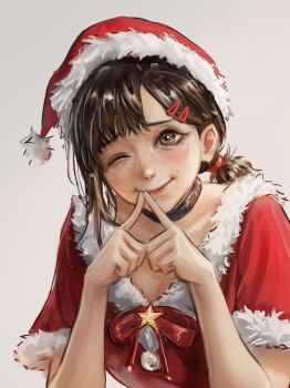1girl absurdres bow bowtie brown_choker brown_eyes brown_hair chainsaw_man choker fingers_to_mouth hair_ornament hair_tie hairclip hat higashiyama_kobeni highres idaero_ace light_blush mole mole_on_cheek mole_under_eye multiple_hair_clips multiple_moles one_eye_closed parted_bangs ponytail ponytail_holder red_bow red_bowtie santa_costume santa_hat short_ponytail simple_background smile solo star_(symbol) white_background