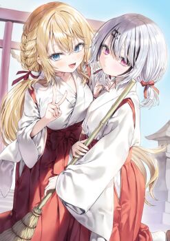 2girls black_hair blonde_hair blue_eyes braid broom closed_mouth grey_hair hair_ornament hairclip hakama highres holding holding_broom japanese_clothes long_hair looking_at_viewer miko multicolored_hair multiple_girls open_mouth original parallel_hairclips purple_eyes red_hakama short_hair short_twintails shrine streaked_hair torii twintails v white_kosode yana_mori