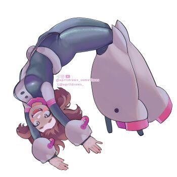 1girl aprildraws artist_name black_bodysuit blush_stickers bodysuit boku_no_hero_academia boots breasts brown_eyes brown_hair female_focus highres instagram_logo looking_at_viewer matching_hair/eyes open_mouth pink_bodysuit short_hair skin_tight smile solo superhero_costume teeth tiktok_logo twitter_username twitter_x_logo uraraka_ochako uraraka_ochako_(hero_outfit) white_background white_bodysuit youtube_logo