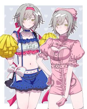 1girl alternate_costume bare_arms belt belt_bow blue_choker blue_shorts blush border bow breasts choker cleavage_cutout closed_mouth clothing_cutout collarbone commentary cosplay cowboy_shot crop_top dress frilled_choker frilled_shirt frills glove_bow gloves green_eyes grey_background grey_hair hair_between_eyes hairband hand_on_own_hip hands_up hashire!_taiikumatsuri!_~jikkou_iin_wa_ooisogashi~_(project_sekai) hat hat_bow heart heart_background heart_belt heart_cutout high_collar highres hinomori_shiho kiritani_haruka kiritani_haruka_(cosplay) looking_at_viewer midriff multiple_views name_tag navel nurse_cap outline outside_border pink_belt pink_bow pink_dress pink_gloves pink_hairband pink_hat pom_pom_(cheerleading) project_sekai puffy_short_sleeves puffy_sleeves shirt short_dress short_hair short_shorts short_sleeves shorts sidelocks simple_background small_breasts standing suspender_shorts suspenders sweatdrop teacrown thighhighs twitter_username white_belt white_border white_bow white_outline white_shirt white_thighhighs