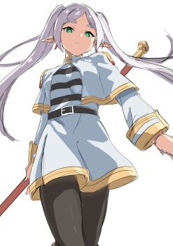 1girl belt black_belt black_pantyhose breasts dress elf feet_out_of_frame frieren green_eyes highres holding holding_sword holding_weapon long_hair looking_at_viewer onabe915 pantyhose pointy_ears shirt simple_background small_breasts solo sousou_no_frieren standing sword twintails weapon white_background white_dress white_shirt