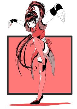 1girl blunt_bangs blush_stickers china_dress chinese_clothes commentary_request dress fighting_stance full_body hair_ribbon high_ponytail highres lee_(dragon_garou) long_hair original outstretched_arms ponytail puffy_short_sleeves puffy_sleeves red_hair red_theme red_thighhighs ribbon short_sleeves smile solo standing standing_on_one_leg thighhighs v-shaped_eyebrows very_long_hair wristband