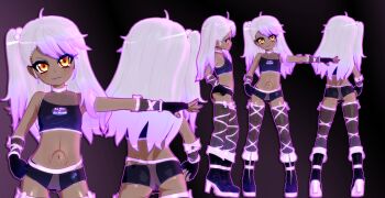 1girl 3d ass asymmetrical_hair bar_censor bare_shoulders black_gloves boots bow censored chloe_von_einzbern closed_mouth collage cowboy_shot crop_top dark-skinned_female dark_skin fate/kaleid_liner_prisma_illya fate_(series) female_focus fingerless_gloves flat_chest gloves gradient_background green_eyes gs-mantis hair_bobbles hair_ornament highres lipstick long_hair makeup midriff nail_polish navel pussy see-through_clothes shorts solo standing stomach_tattoo tattoo