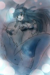 1girl absurdres bikini bikini_top_only blue_bikini blue_eyes blue_hair blush breasts cleavage dolphin fingerless_gloves gloves hair_ribbon highres jewelry large_breasts long_hair looking_at_viewer mermaid monster_girl nakoruru navel necklace open_mouth pink_lips ribbon samurai_spirits sideboob smile snk solo swimsuit the_king_of_fighters tongue traditional_media underwater very_long_hair water