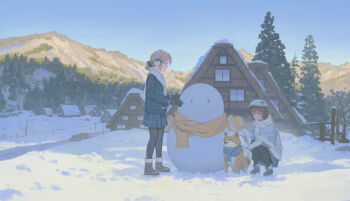 2girls absurdres animal_scarf ankle_boots beret black_boots black_jacket black_leggings black_mittens blonde_hair blue_coat blue_eyes blue_sky boots brown_boots brown_hair cabin closed_mouth coat commentary_request day dog earmuffs fur-trimmed_boots fur-trimmed_coat fur_trim green_eyes green_skirt hat highres hyxifeng jacket leggings long_sleeves mittens mountain multiple_girls original outdoors petting plaid_clothes plaid_skirt pleated_skirt ponytail scarf scenery shiba_inu skirt sky smile snow snowman squatting standing tree white_hat white_mittens white_scarf yellow_mittens yellow_scarf