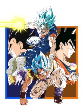 Rule 34 | 4boys, arm blade, black eyes, black hair, black vest, blue eyes, blue hair, blue pants, blue sash, blue shirt, boots, clenched teeth, closed mouth, derivative work, dougi, dragon ball, dragon ball super, dragon ball super broly, energy ball, energy sword, full body, gloves, gogeta, highres, male focus, medium hair, metamoran vest, multiple boys, muscular, muscular male, no shirt, open mouth, orange shirt, pants, profile, sash, shirt, smirk, son goku, spiked hair, sword, taso art 1123, teeth, vegeta, vegetto, vest, weapon, white boots, white gloves, white pants