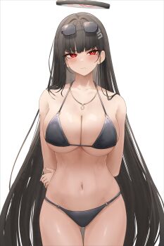 1girl :| absurdres alternate_costume arm_behind_back asaikeu bikini black_bikini black_hair black_halo blue_archive blunt_bangs blush breasts bright_pupils cleavage closed_mouth collarbone commentary eyewear_on_head hair_ornament hair_over_shoulder hairclip halo highres jewelry large_breasts long_hair looking_at_viewer multicolored_halo navel necklace red_eyes ringed_eyes rio_(blue_archive) simple_background solo stomach sunglasses swimsuit thigh_gap thighs two-tone_halo underboob very_long_hair white_background white_pupils