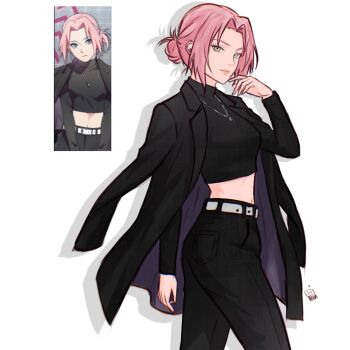 1girl artist_logo belt black_pants black_shirt breasts chococurrent commentary cropped_shirt curtained_hair drop_shadow eyelashes facing_to_the_side from_side green_eyes hair_bun hair_up haruno_sakura highres jacket jacket_on_shoulders jewelry logo long_sleeves looking_at_viewer midriff narrow_waist naruto_(series) necklace pants pink_hair pink_lips reference_inset shirt simple_background small_breasts turtleneck untranslatable_commentary white_background white_belt