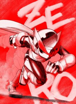 Rule 34 | 1boy, afterimage, armor, character name, dashing, forehead jewel, helmet, highres, long hair, male focus, mega man (series), mega man zero (series), noro zt, red background, red theme, solo focus, zero(z) (mega man), zero (mega man)