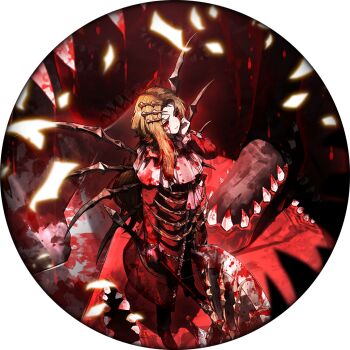 1girl axe battle_axe blood blood_in_hair blood_on_clothes blood_on_hands blood_on_teeth bloody_tears bloody_weapon bone bone_hair_ornament brown_hair dress e.g.o_(project_moon) game_cg hair_ornament holding holding_axe limbus_company long_hair nai_ga official_art project_moon red_dress red_eyes ribs rodion_(project_moon) sanguine_desire_(e.g.o) solo_focus teeth the_red_shoes_(project_moon) weapon