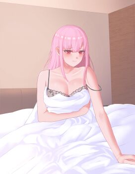 1girl absurdres black_bra blanket blunt_bangs bra breasts cheseu cleavage closed_mouth commentary english_commentary highres holding holding_blanket hololive hololive_english indoors lace lace_bra large_breasts long_hair looking_at_viewer mori_calliope on_bed paid_reward_available pink_eyes pink_hair sidelocks sitting solo straight_hair strap_slip underwear virtual_youtuber
