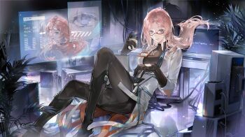 1girl absurdres artist_request black_dress black_footwear black_gloves black_pantyhose black_skirt blue_eyes breasts cable closed_mouth commentary computer cup dress english_commentary eyewear_on_head glasses gloves highres holding holding_cup holding_laptop holographic_interface id_card lab_coat laptop large_breasts long_hair looking_at_viewer mandarin_collar monitor moore_(path_to_nowhere) multiple_views official_alternate_hairstyle pantyhose path_to_nowhere pink_hair plant red-framed_eyewear semi-rimless_eyewear sitting skirt smile tongue tongue_out turtleneck turtleneck_dress user_interface