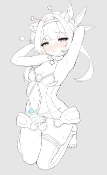 1girl :t absurdres armpits arms_behind_head bad_id bad_twitter_id blush breasts closed_mouth clothing_aside commentary covered_navel english_commentary erection futanari hairband half-closed_eyes highres jelly_hoshiumi leotard leotard_aside lineart looking_at_viewer monochrome penis phase_connect pout presenting_armpit single_thighhigh sleepypudding small_breasts small_penis solo spot_color stirrup_legwear testicles thighhighs toeless_legwear toenails toes twintails unfinished virtual_youtuber