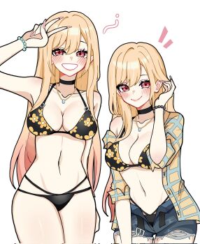 1girl bare_shoulders bead_bracelet beads belt bikini black_bikini black_choker blonde_hair blush bracelet breasts choker cleavage closed_mouth colored_tips cowboy_shot fingernails floral_print floral_print_bikini gradient_hair grin hair_behind_ear hair_between_eyes hand_in_own_hair highres jewelry kitagawa_marin large_breasts long_fingernails long_hair looking_at_viewer midriff miovartz multicolored_hair multiple_views nail_polish navel necklace open_belt pink_eyes pink_hair pink_nails plaid_clothes plaid_shirt print_bikini shirt shirt_partially_removed shorts single_bare_shoulder sleeves_rolled_up smile solo sono_bisque_doll_wa_koi_wo_suru swimsuit teeth torn_clothes torn_shorts white_background