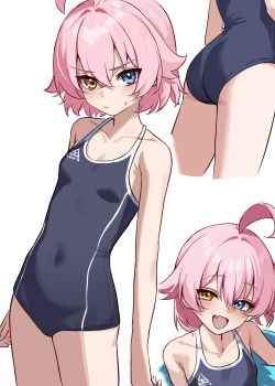 1girl abydos_high_school_logo abydos_high_school_swimsuit ahoge amamiyayk ass bare_shoulders blue_archive blue_eyes blue_one-piece_swimsuit blush breasts closed_mouth collarbone cowboy_shot fang heterochromia highres hoshino_(blue_archive) hoshino_(first_year)_(blue_archive) looking_at_viewer multiple_views official_alternate_costume official_alternate_hair_length official_alternate_hairstyle one-piece_swimsuit open_mouth pink_hair school_swimsuit short_hair small_breasts swimsuit yellow_eyes