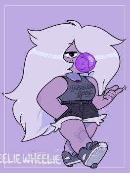 1girl alternate_costume amethyst_(steven_universe) breasts chest_jewel colored_skin deformed discount-supervillain gem hair_over_one_eye heelys jitome long_hair medium_breasts plump purple_skin solo steven_universe white_hair