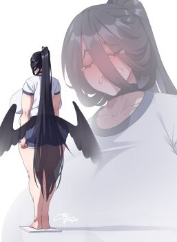 1girl absurdres artist_name ass biting_own_lip black_choker black_hair black_wings blue_archive blue_shorts blush breasts choker close-up closed_eyes coolpsyco crying despair feathered_wings from_behind gym_shirt gym_shorts gym_uniform hair_between_eyes hasumi_(blue_archive) hasumi_(track)_(blue_archive) high_ponytail highres huge_ass huge_breasts long_hair low_wings plump ponytail shirt short_shorts shorts solo standing t-shirt tears thick_thighs thighs very_long_hair weighing_scale weight_conscious white_background white_shirt wings