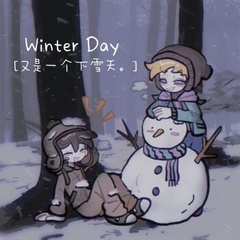 2boys ^_^ adapted_costume alternate_costume animification beanie bilingual_text black_hat blue_pants blush brown_coat brown_hair brown_hat brown_pants chinese_text closed_eyes coat commentary edd_(eddsworld) eddsworld english_text green_jacket green_shoes grin hat highres hood hood_down hoodie immuir jacket looking_at_another male_focus matt_(eddsworld) mixed-language_text multiple_boys open_clothes open_jacket open_mouth orange_hair outdoors pants purple_eyes purple_hoodie scarf shoes short_hair sitting smile sneakers snow snowing snowman striped_clothes striped_scarf symbol-only_commentary thick_lineart tree winter