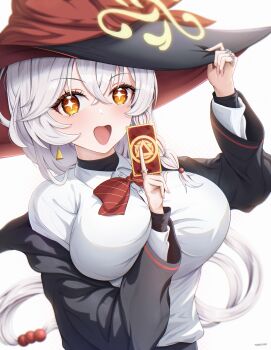 1girl absurdres black_hat black_robe blue_archive blush breasts card collared_shirt eri_(blue_archive) hair_between_eyes halo hat highres holding holding_card jewelry large_breasts long_hair long_sleeves looking_at_viewer low-tied_long_hair open_mouth orange_eyes ring robe shirt simple_background smile solo sparkling_eyes temchik tilted_halo upper_body white_background white_hair white_shirt witch_hat yellow_halo