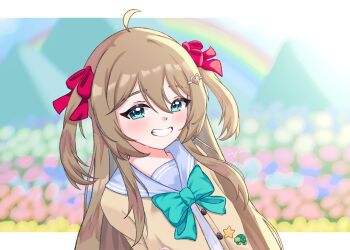 1girl ahoge aqua_bow aqua_bowtie arms_behind_back artist_name blue_eyes blue_sailor_collar blurry blurry_background blush border bow bowtie breasts brown_hair cardigan commentary english_commentary field flower flower_field grin hair_between_eyes hair_ornament hair_ribbon heart heart_hair_ornament highres kagelume long_hair looking_at_viewer mountain neuro-sama outside_border rainbow red_ribbon ribbon sailor_collar shoulder_tilt small_breasts smile solo two_side_up vedal_ai white_border yellow_cardigan