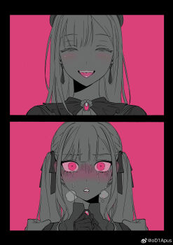 2girls absurdres after_kiss bang_dream! bang_dream!_it's_mygo!!!!! blush breath chinese_commentary closed_eyes commentary_request crying earrings gloves hair_ribbon hands_on_another's_shoulders highres jewelry long_hair looking_at_viewer monochrome mortis_(bang_dream!) mortis_(costume)_(bang_dream!) mortis_(persona)_(bang_dream!) multiple_girls nose_blush oblivionis_(bang_dream!) open_mouth pink_background ribbon shiro_(shirohakura) simple_background smile split_screen surprised sweat tears togawa_sakiko tongue tongue_out upper_body wakaba_mutsumi watermark weibo_watermark yuri