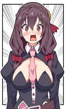 1girl belt black_dress blush bow braid breasts brown_hair commentary crown_braid dress emphasis_lines hair_between_eyes hair_bow highres juliet_sleeves kono_subarashii_sekai_ni_shukufuku_wo! large_breasts long_hair long_sleeves looking_at_viewer necktie noyama_takenoko open_mouth pink_necktie puffy_sleeves rectangular_mouth red_bow red_eyes simple_background solo straight-on upper_body white_background wing_collar yunyun_(konosuba)