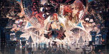 1girl absurdres bird boots brown_boots cape closed_mouth commission dress eyelashes flower full_body hair_between_eyes highres long_hair looking_at_viewer mihuashi_commission multiple_views original red_cape red_eyes red_hair sitting smile upper_body watermark white_bird white_dress white_flower white_wings wings yan_zi_yao_yu