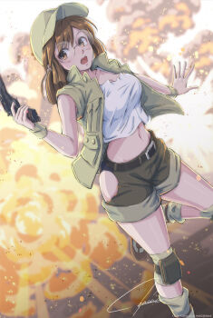 1girl absurdres baseball_cap belt breasts brown_eyes brown_hair clothing_cutout commentary_request crop_top explosion explosion_background fio_germi fire glasses gun handgun hat highres hip_vent holding holding_gun holding_weapon knee_pads metal_slug midriff navel open_clothes open_mouth open_vest round_eyewear short_shorts shorts signature solo tyanoki utility_vest vest weapon wristband