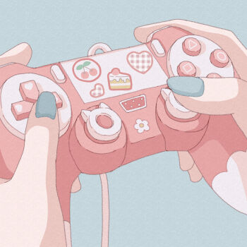 1girl blue_background blue_nails cake_print cherry_print commentary controller floral_print food_print fruit_print game_console game_controller gamepad hand_focus heart heart_print highres holding holding_controller holding_game_controller nekomaru0817 original pink_theme simple_background symbol-only_commentary tenshi_kaiwai