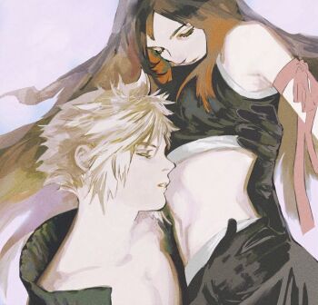 1boy 1girl arm_around_back arm_up armpit_crease bare_shoulders black_gloves black_hair blonde_hair closed_eyes cloud_strife collarbone commentary couple crop_top final_fantasy final_fantasy_vii final_fantasy_vii:_advent_children from_side gloves hand_on_another&#039;s_hip head_on_another&#039;s_stomach hetero hug long_hair midriff parted_lips profile red_ribbon ribbon short_hair spiked_hair symbol-only_commentary tifa_lockhart tori_(labyrinth_fft) upper_body